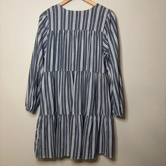 NWT Striped Tiered Lace-Up Mini Swing Dress, Blue Stripe Long Sleeve,‎ Large - Picture 5 of 17